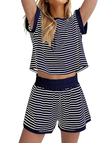 Image of Burtell Women Summer 2 Piece Lounge Sets Striped Short Sleeve Tee Shirts Mini Shorts Loungewear Shorts Set Ribbed Pajama Set