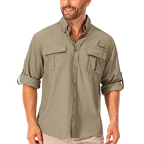mosingle Camicia da uomo a maniche lunghe per escursionismo, protezione solare UV, safari, pesca, attività all'aperto, ad asciugatura rapida, leggera, per passeggiate e viaggi, cachi, S