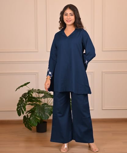 Image of SHIENZY Women Rayon Embrioded Co Ord Set | Stylish V Neck Co-Ord Set for Women | Straight Kurta & Plazzo | Short Kurti and Pant | Party & Ethnic Wear | Traditional & Casual Kurti Set