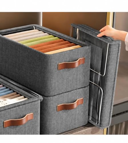 Image of Fabric Storage Box with Lid, Grey, Rectangular Organizer, 30x30x30 cm, 26 Liters Capacity, 2 Compartments