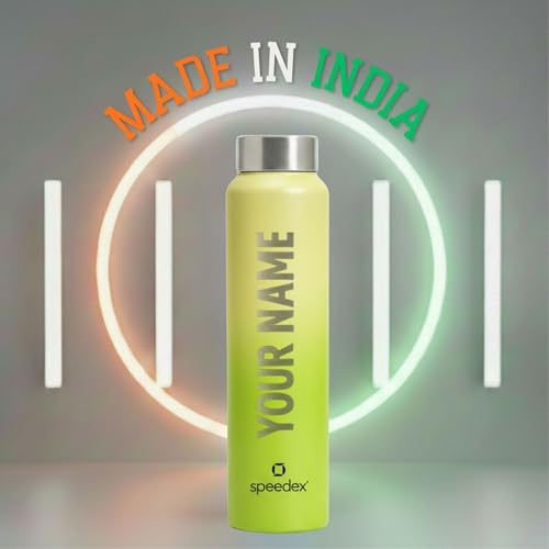 Image of Speedex Customised Engraved Name Stainless Steel Water Bottle 1 Ltr - Personalised Screw Cap Bottle for Kids, Men & Women, School, Office, Gym, Lime Green, Set of 1