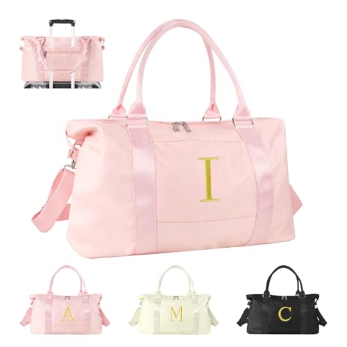 Personalized Initial Gym Dance Bag, Travel Duffel Bag for Teen Girls, Carry On Bag Overnight Weekender Bag with Trolley Sleeve, Birthday Gifts for Women Mom Daughter Graduation Gift(Letter I, Pink)