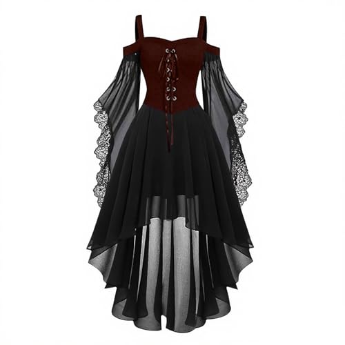 Disfraces de Halloween para mujeres adultas, vestido gótico con correa de hombro descubierto, vestido gótico acampanado de malla, retazos, disfraz medieval para mujer, vintage, steampunk, con cordones