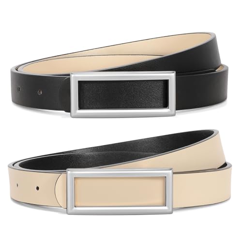 Women Reversible Belt Fashion Faux Leather Ladies Thin Waist Belt for Jeans Pants Dresses with Square Buckle
