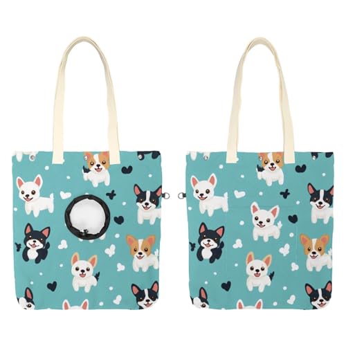 Pet Canvas Shoulder Bag Soft-Sided,Dog Purse Carrier for Small Dogs and Cats, Portable Pet Handbag with Adjustable Hole, Pet Washable Travel Tote Bag,Cute Dogs Pattern 19.3''x16.5''