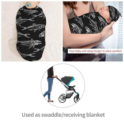 Image of Black White Bones Fish Lover Newborn Swaddle Blankets Hat Sets Soft Baby Receiving Blanket Swaddle Sack for Baby Shower Infant Boy Girl Gift