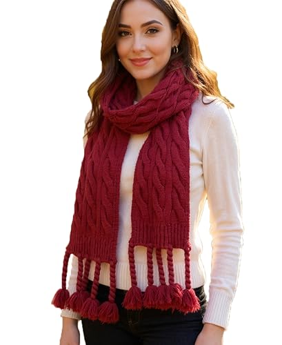 NEOSAN Women's Knit Scarf Winter Neck Warm Long Ribbed Thick Scarves Fashion Tassel Scarf Claret