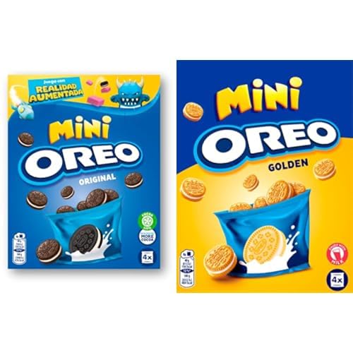 Oreo Mini Galletas de Cacao Rellenas de Crema Sabor Vainilla, Paquete con 4 Bolsitas Individuales, 160 g + Oreo Golden Mini, Galletas Rellenas de Crema de Vainilla, Paquete de 160 g
