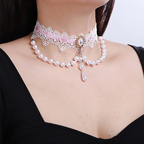 Xerling Elegant White Lace Choker Necklace Vintage Pearl Necklaces Gothic Victorian Lolita Costume Necklaces for Women Flower Lace Choker for Bridal Wedding2