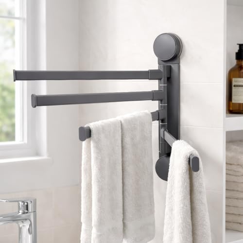 Image of Amazon Basics 4 Bar Suction Towel Holder for Bathroom - Rust - Free Powder Coated Wall Mounted Towel Rack No Drill Towel Rack | Modern Bathroom Accessories Organizer Grey