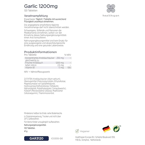 Healthspan Knoblauch | 1.200 mg | Unterstützt Herzgesundheit, Atmungssystem & Cholesterinspiegel | Zusätzlich Vitamin B1 | Geruchskontrolliert & Leicht zu Schlucken | Vegan | 120 Tabletten