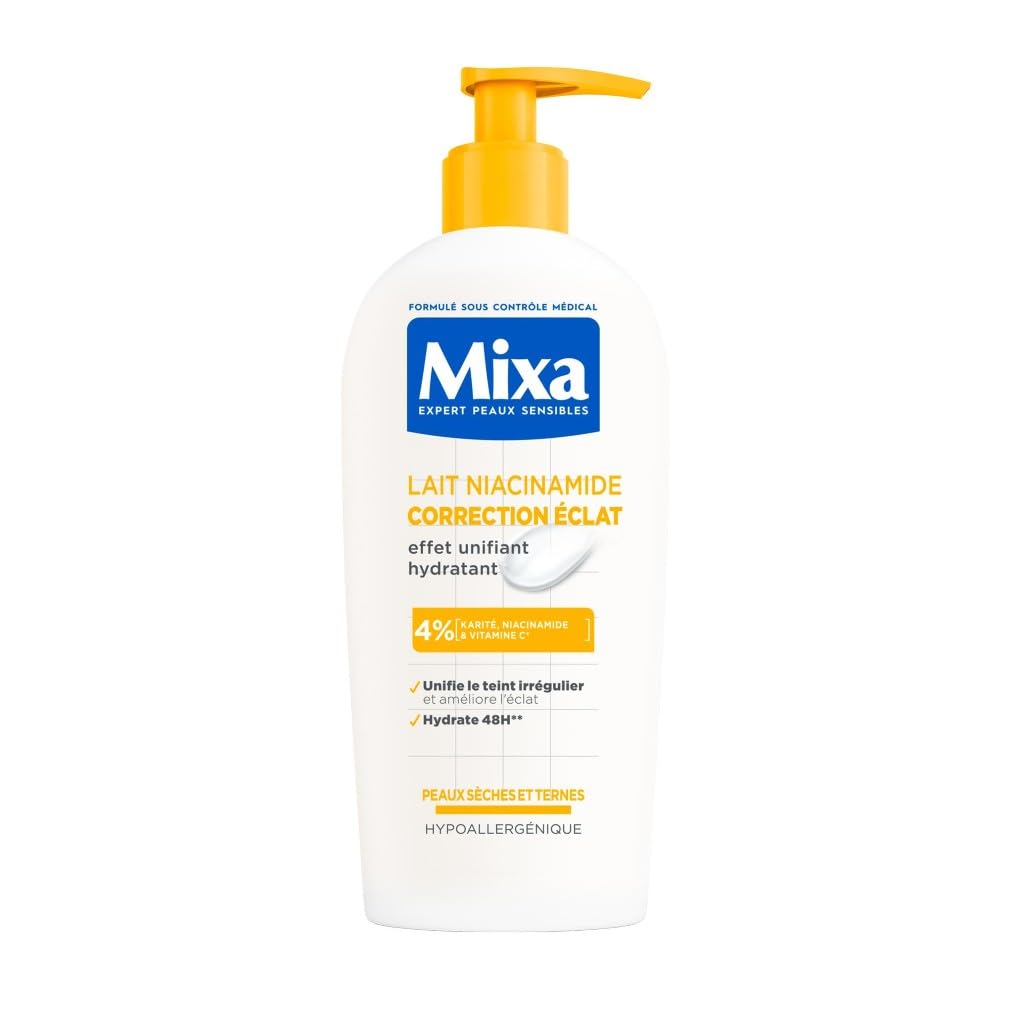 Mixa - Lait Niacinamide Correction Éclat pour Peau Sèche et Terne - Enrichi en Beurre de Karité, Niacinamide et Vitamine C - Corrige les Irrégularités de Textures et de Teint - 250 ml