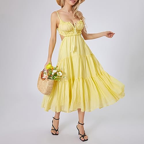 Image of Owl's-Yard Women Ruffle Spaghetti Strap Dress Sexy Backless Tiered Flowy Sundresses Boho Beach Long Dress Clubwear (D-02, L), Large
