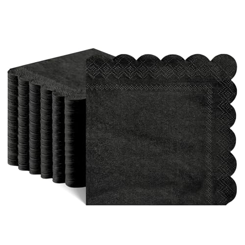 NatNarr 120 Pcs Cocktail Napkins Black Napkins Disposable Scalloped Bar Napkin Beverage Dessert Napkin for Birthday Coffee Bar Kitchen 5 x 5 Inch