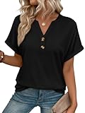AUTOMET Womens Spring Tops 2026 Short Sleeve Shirts Henley Dressy Casual Blouses V Neck Fashion Tunics Trendy Flowy Clothing Black L