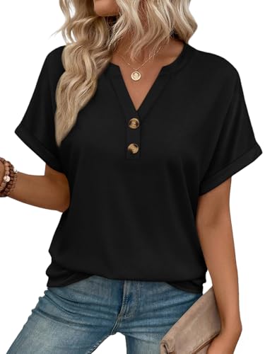 AUTOMET Womens Spring Tops 2026 Short Sleeve Shirts Henley Dressy Casual Blouses V Neck Fashion Tunics Trendy Flowy Clothing Black M