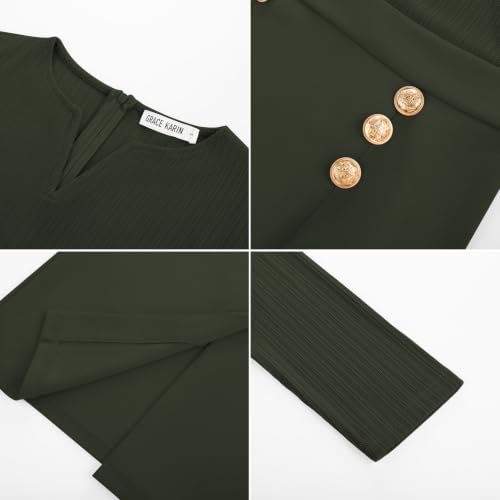 Image of GRACE KARIN Women's 2026 Fall Long Sleeve Work Midi Dress | Bodycon, Business Casual, Office Sheath, Church, Henley V Neck, Metal Button, Elegant, Ribbed Knit, Formal, Stretchy