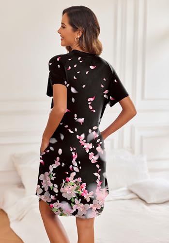 Image of Ekouaer Women's Button Down Nightgown Short Sleeve Sleepshirt V Neck Night Shirt Soft Pajamas Dress with Pockets