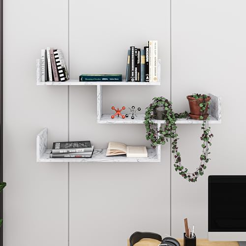 HOCUS PICUS Tibet 3 Tier Wall Shelf, Modern Design, 3 Piece Floating Shelf, Many Colour Options, Easy to Assemble, Living Room Office Storage - 119x 66.5x22cm (White Marble Effect)