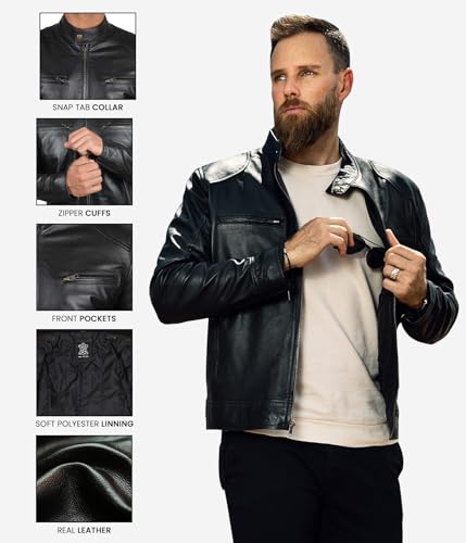 Image of Blingsoul Leather Jacket Men - Real Lambskin Cafe Racer Motorcycle Style Jacket for Mens