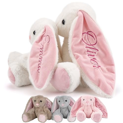 GifXify Personalisiertes Hasen-Plüschtier mit gesticktem Namen auf den Ohren – individuelles Plüschtier für Kinder – weiches handgefertigtes Stofftier – individuelles Baby-Geschenk für Weihnachten