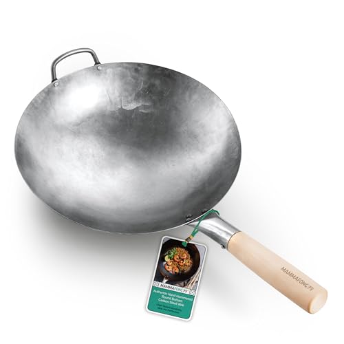 Mammafong Round Bottom 14-inch Traditional Carbon Steel Wok Pan - Authentic Hand Hammered Woks and Stir Fry Pans - Pow Wok with no chemical coating