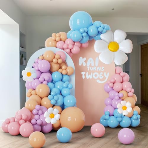 Image of 119Pcs Blue Peach Balloon Garland Arch Kit with Pastel Purple, Pink, Daisy Flower Balloons, Perfect for Girls' Birthday Decorations, Puppy-Themed Party Supplies, Dog Party