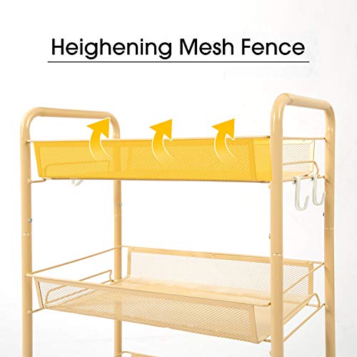 JEROAL 3 Tier Rolling Trolley, Metal Mesh Rolling Cart, Mesh Storage Pantry Cart with Lockable Wheels, Gold - Thumbnail 2