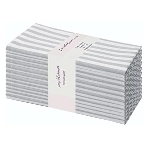 PurpleEssences Plain Striped Cloth Napkins - Set of 12-100% Cotton - 18 x 18 Inch - Perfect Everyday Use Dinner Napkin for Fall Thanksgiving - Gray and White Cover