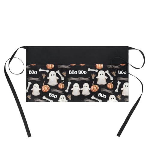 Image of BOHARERS Waitress Aprons With 3 Pockets Halloween Aprons for Servers,Ghost Black Waist Aprons for Women - Halloween Decorations