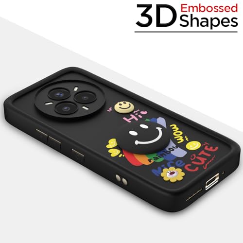 Image of Pikkme Back Cover for Realme 14 Pro Plus 5G | Soft Silicone| Cute Rainbow Smile & 3D Cartoon Flower Design | Shockproof Raised Camera Protection Bumper Case (Black)
