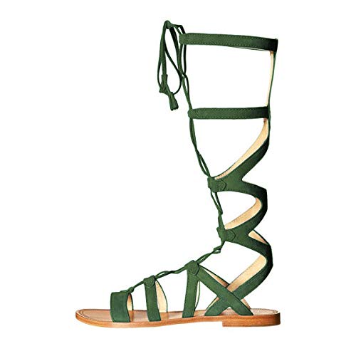 YDN Women Sexy Knee High Lace up Flats Fringe Low Heel Gladiator Strap Sandals Shoe2