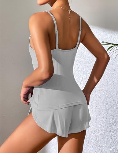 Image of Ekouaer Pjs Set for Women Camisole Pajama Set V Neck Lingerie Pleated Sleeveless Top and Shorts Light-grey Large