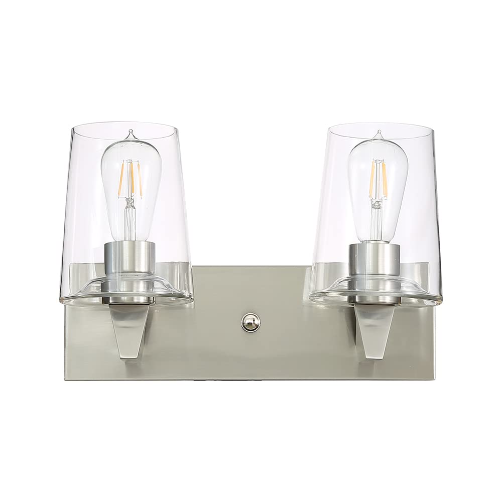 EURON Modern Style 2-Lights Vanity Mirror Light for Bathroom, Wall Sconce for Kitchen & Living Room, Transparent Glass Shades on Brushed Nickel Steel Frame(Exclude Bulb) (2-Lights, Silver)