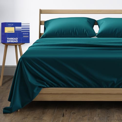Image of THREAD SPREAD Full Size Bed Sheets, Luxury 1000 Series Paradise Collection 100% Egyptian Cotton Sheets Full Size Set (4 PC, Teal), Silky Soft, Cooling, Sateen, 16 inch Deep Pocket Hotel Sheet Set