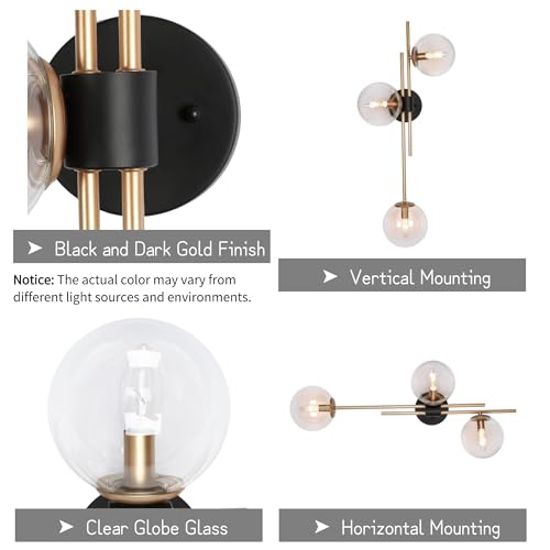 Image of KSANA Bathroom Light Fixtures Over Mirror, Black Gold Vanity Lights for Bathroom with Clear Glass Shade, 3-Light Modern Indoor Sconces Wall Lighting for Bedroom, Hallway, Stairway