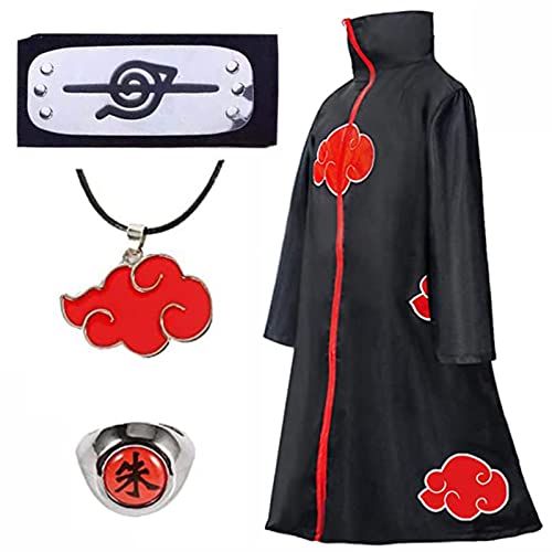 Bofeiya 4 piezas de disfraz de anime Itachi, capa de cuello Uchiha Itachi, diadema de Naruto, anillo de metal Naruto, collar de nube roja Naruto, capas de capa de Halloween para adultos y niños (S) Cover