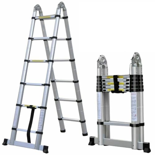 Escalera telescópica Plegable de 1,9 m + 1,9 m, Marco A, 6 + 6 peldaños, Escalera telescópica de Aluminio, Escalera Extensible, portátil, Antideslizante, 150 kg, Capacidad de Carga EN131