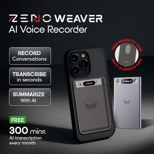 Image of Zeno AI Weaver Pro Voice Recorder, 80-Language AI Transcription & Summaries, Mind Map Note Taker for Meetings & Calls, 40Hr Battery, App Control, Noise-Canceling, Ultra-Slim Credit-Card Design, Grey