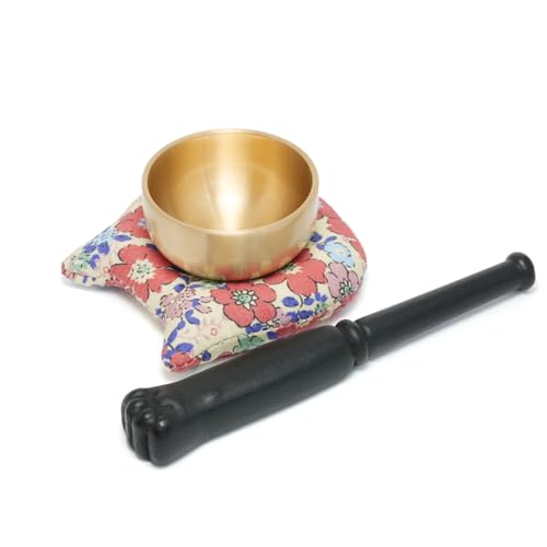 MimoriHive ペット 仏具 おりんセット 猫 犬 顔 布製台座 肉球 ヘアライン仕上げ 指紋防止 防錆コーティング 真鍮製 おりん 仏壇 手元供養 メモリアル 3点セット オリジナル (フラワー1+黒)