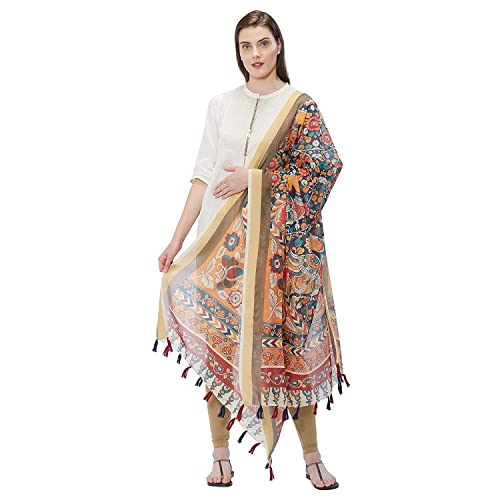 Traditional Kalamkari Print Designer Chanderi Silk Dupatta for Women With Tassels (GN-RSM-43, Length:2.30 Mts, Width - 36inch), Multicolor, 2cm