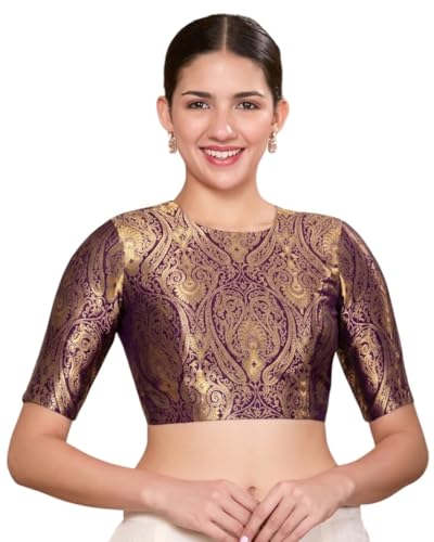 Image of Studio Shringaar Women Brocade Silky Jewel Neck Readymade Elbow Length Sleeve Saree Blouse