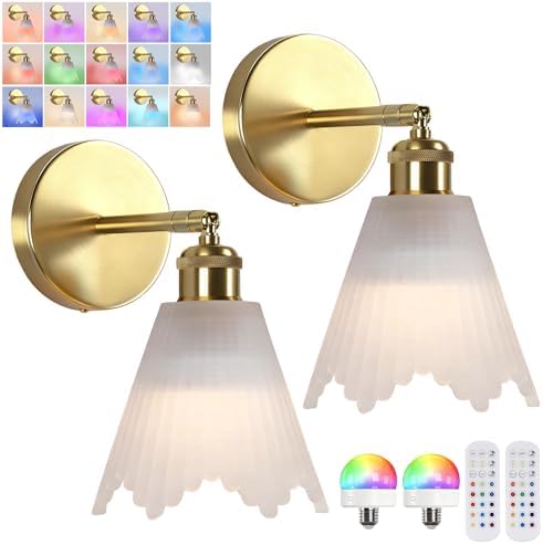 Vintage Battery Operated Wall Sconce with Milky Crystal Grid Glass Lampshade Rechargeable Battery Powered Wall Light with Remote Control for Bedside Bedroom Bathroom, Set of 2