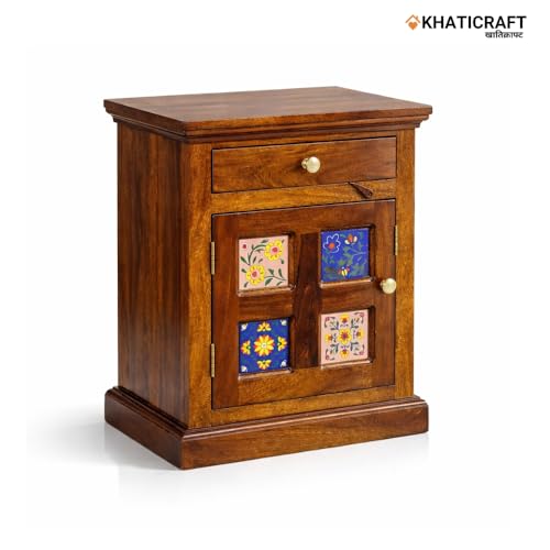 Image of Solid Sheesham Wood Chitra Bedside Table with Drawer and Door Storage for Bedroom | Wooden Nightstand Side Table for Living Room Home and Hotel | Honey Finish