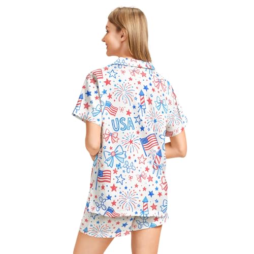 Image of Funny Pajamas for Women Set Print Satin Loungewear Pjs Short Sleeve Button Down Top and Shorts Sets Sleepwear XS-3XL