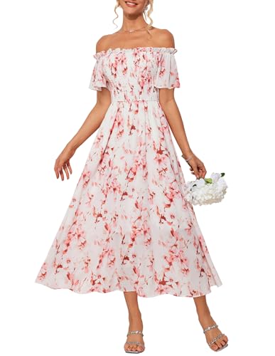 Damen Kleider Elegant Blumen Off Shoulder Sommerkleid A-Linie Maxikleid Damen mit Taschen Weiß-Rosa Blume L