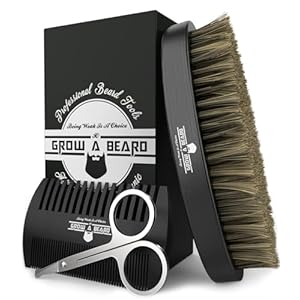 Beard Brush For Men & Beard Comb Set w/Mustache Scissors Grooming Kit, Natural Boar Bristle Brush, Dual Action Wood Comb, And Travel Bag Great For Christmas Gift (Black)