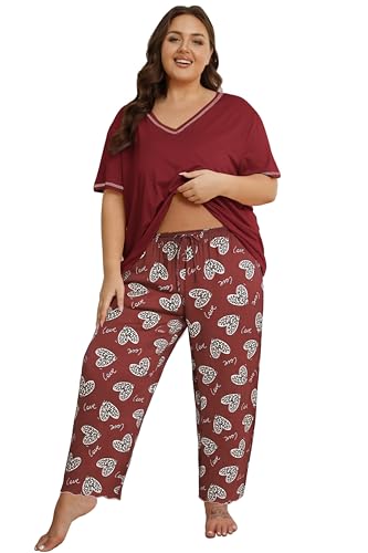 Image of Vozanet Women's Plus Size Pajama Sets Short Sleeve Long Pants Solid Color with Piping Trim Elegant Loungewear Cozy Sleepwear