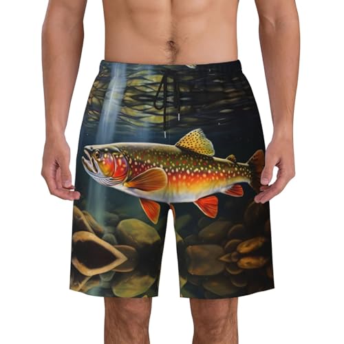 Brook Trout Fishing Wave Print Men's Beach Pants Lightweight Quick-Dry Swim Pants with Mesh Lining for Men