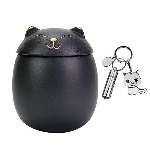 Small Cat-Shaped Ceramic Cremation Urn with Bobblehead Cat Keychain Ashes Holder, Forever Memory Box Funeral Keepsake Memorial Sealed Jar - Black